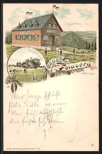 Vorläufer-Lithographie Feldberg / Taunus, 1895, Gasthaus Sturm, Brunhildisfelsen