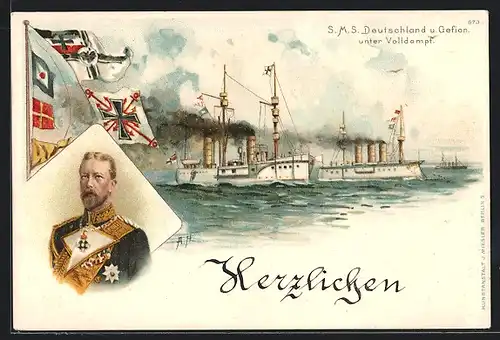 Künstler-AK A. Heide: Kriegsschiffe SMS Deutschland und Gefion des Ostasiengeschwaders unter Volldampf