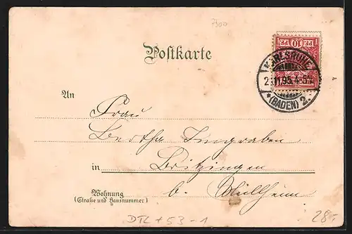 Vorläufer-Lithographie Karlsruhe, 1895, Schloss, Cadettenhaus, Gesamtansicht