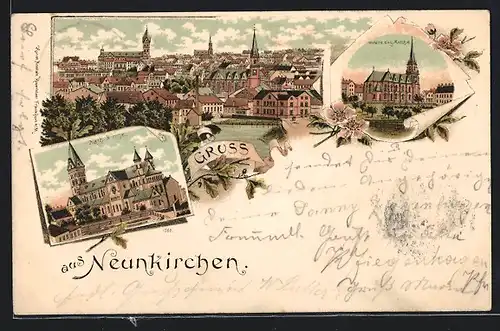 Lithographie Neunkirchen, Kath. Kirche, Untere evg. Kirche