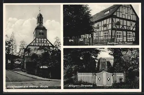 AK Wahlhausen / Werra, Gasthaus Karl Preuss, Krieger-Ehrenmal, Kirche