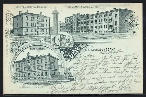 Lithographie München, K. B. Bekleidungsamt, Schuhmacher Werkstätten, Dienstgebäude