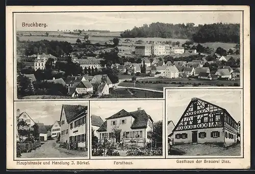 AK Bruckberg, Gasthaus der Brauerei Dietz, Hauptstrasse und Handlung Bürkel