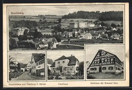 AK Bruckberg, Gasthaus der Brauerei Dietz, Hauptstrasse und Handlung J. Bürkel