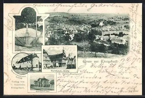 AK Königsbach, Totalansicht, Bahnhof und Rathaus