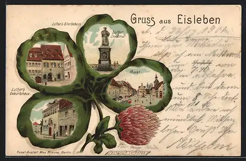 Passepartout-Lithographie Eisleben, Luthers Sterbe- und Geburtshaus, Markt im Kleeblatt