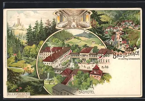 Künstler-AK Bad Teinach /Württ., Badhotel mit Speisesaal und Umgebung, Ortsansicht