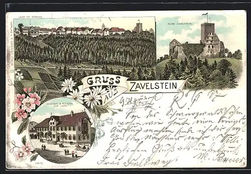 Lithographie Zavelstein, Gasthof & Pension zum Lamm, Ruine Zavelstein, Ortspanorama mit Wald