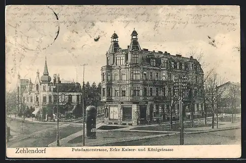 AK Berlin-Zehlendorf, Potsdamerstrasse, Ecke Kaiser- und Königstrasse mit Anlage und Litfasssäule