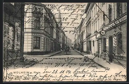 AK Mülheim /Rh., Windmühlenstrasse mit Kutsche und Kirchturm