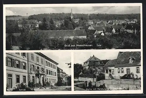 AK Messelhausen, Strassenpartie mit Handlung von J. Liebenstein, Partie am Schloss, Ortsansicht