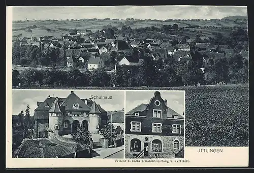 AK Ittlingen, Panorama, Schulhaus und Friseur u. Kolonialwarenhandlung Karl Kolb