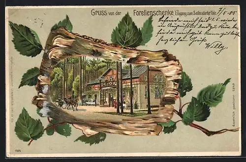 Passepartout-Lithographie Seifersdorf, Gasthaus Forellenschenke im Seifersdorfer Tal im Birken-Passepartout