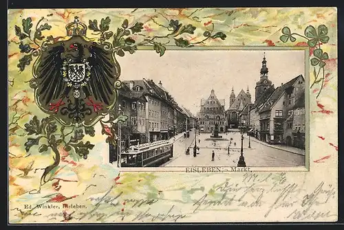Passepartout-Lithographie Eisleben, Markt aus der Vogelschau, Wappen, Eichenlaub