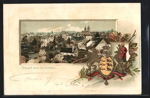 Passepartout-Lithographie Oehringen, Ortsansicht mit Wappen