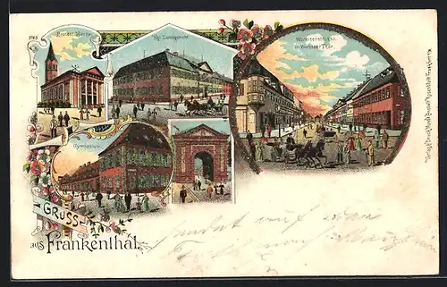 Lithographie Frankenthal, Königliches Landgericht, Gymnasium, Wormserstrasse mit Wormser Tor