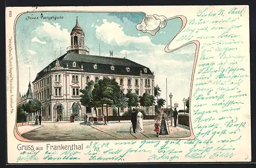 Lithographie Frankenthal, Neues Postgebäude mit Strasse und Passanten