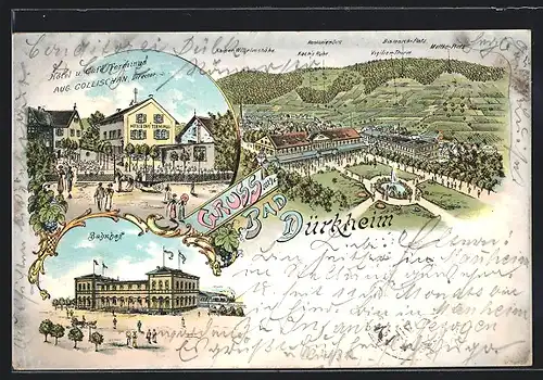 Lithographie Bad Dürkheim, Bahnhof, Hotel und Cafe Terminus A. Collischan mit Strasse und Umgebung