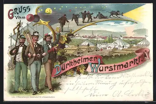 Lithographie Dürkheim, Dürkheimer Wurstmarkt, Feiernde auf dem Festgelände