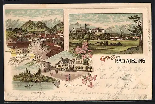 Lithographie Bad Aibling, Marktplatz, Irlachsee, Blick auf eine Strasse