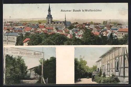 AK Wolfenbüttel, Gasthaus Atzumer Busch, Teilansicht mit Kirche