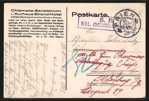AK Prien, Chiemsee-Sanatorium und Kurhaus Strand-Hotel, 1. Weltkrieg, Rotes Kreuz, 1915