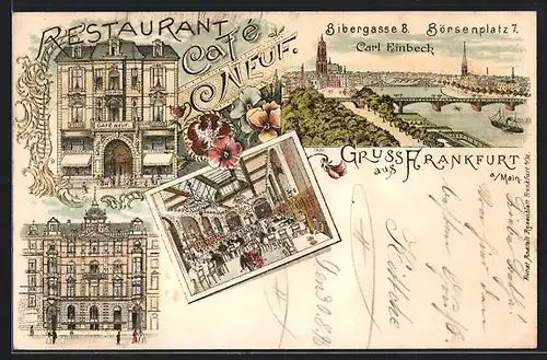 Lithographie Frankfurt, Restaurant-Café Neuf, Filialen Biebergasse 8 und Börsenplatz 7