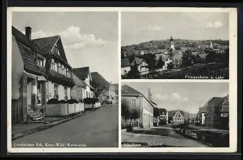 AK Friesenheim, Geschwister Erb - Weisswaren-Geschäft, Schulhaus, Panorama