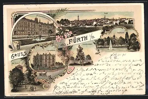 Lithographie Fürth i / B., Logengebäude, Alte Veste, Stadtpark