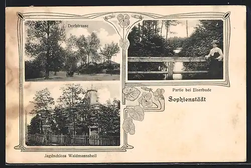 AK Sophienstädt, Jagdschloss Waidmannsheil, Dorfstrasse, Partie bei Eiserbude