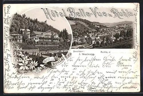 Lithographie Ruhla, Hotel Belle-Vue, zwei Motive