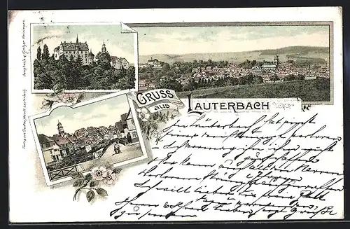 Lithographie Lauterbach, Teilansicht, Strassenpartie, Ortspartie