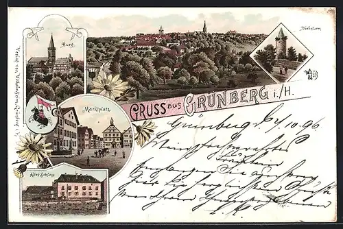 Lithographie Grünberg i. H., Altes Schloss, Burg, Marktplatz