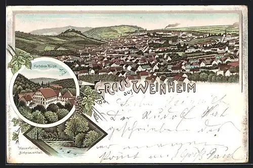 Lithographie Weinheim, Totalansicht, Gasthaus Fuchs'sche Mühle