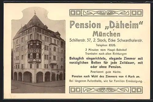 AK München, Pension Daheim, Schillerstr. 37 Ecke Schwanthalerstrasse