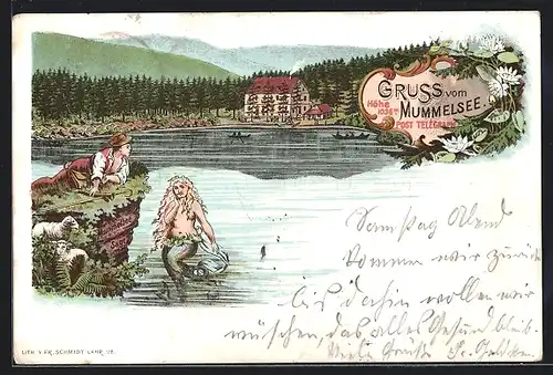 Vorläufer-Lithographie Mummelsee, 1895, Uferpartie mit Nixe, Mummelsee-Sage