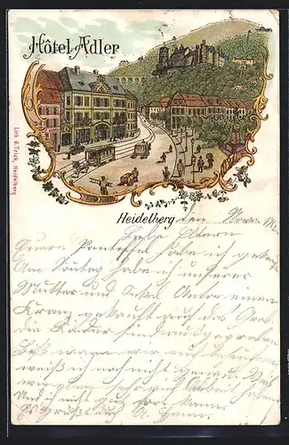 Lithographie Heidelberg, Totalansicht mit Hotel Adler