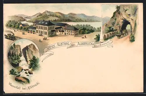 Lithographie Albbruck /Baden, Hotel Albthal mit Strasse, Bahn und See, Wasserfall, rückseitig Nota