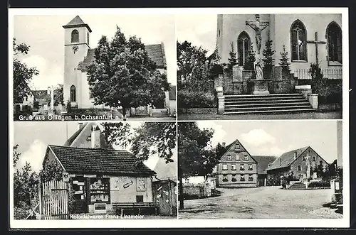 AK Öllingen a. M., Kolonialwaren Franz Linzmeier, Strassenpartie, Kirche