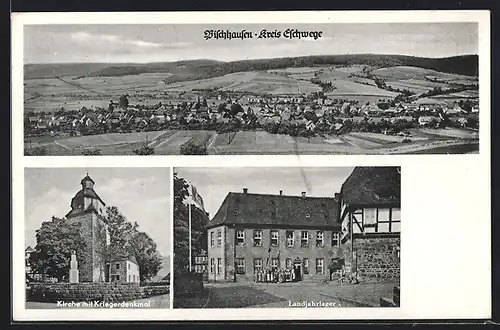 AK Bischhausen bei Eschwege, Kirche mit Kriegerdenkmal, Landjahrlager, Panorama
