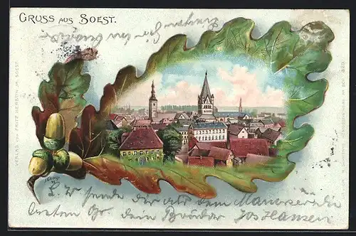 Passepartout-Lithographie Soest, Ortspartie aus der Vogelschau