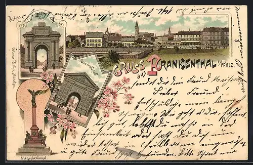 Lithographie Frankenthal /Pfalz, Wormser Thor, Siegesdenkmal, Stadtpanorama