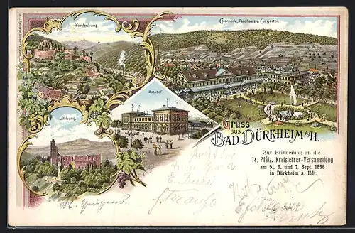 Lithographie Bad Dürkheim a. H., Bahnhof, Limburg, Colonnade mit Badhaus und Curgarten