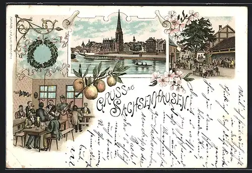 Lithographie Sachsenhausen, Gasthaus mit Sängerin und Garten, Ortspanorama