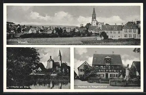 AK Wieseth, Teilansicht mit Kirche, Partie am Steg, Pfarrhaus mit Kriegerdenkmal