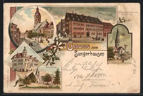 Lithographie Sangerhausen, Kreishaus, Neues Schloss mit Amtsgericht, Markt mit Jacobikirche