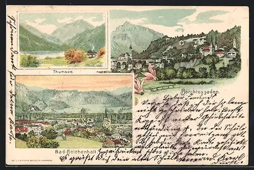 Lithographie Berchtesgaden, Ortsansicht, Ortsansicht Bad Reichenhall, Thumsee