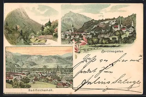 Lithographie Berchtesgaden, Ortsansicht, Ortsansicht Bad Reichenhall, Mauthäusl