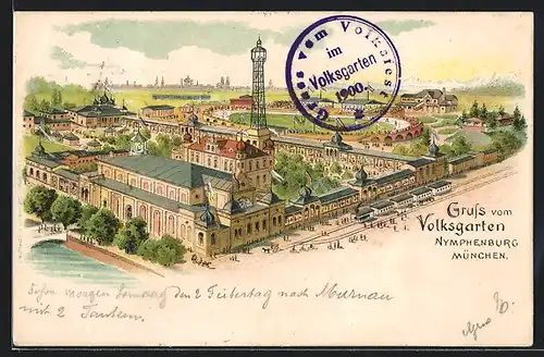 Lithographie München-Nymphenburg, Blick auf den Volksfestgarten