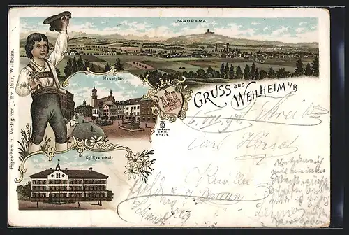 Lithographie Weilheim i. B., Kgl. Realschule, Hauptplatz, Panorama